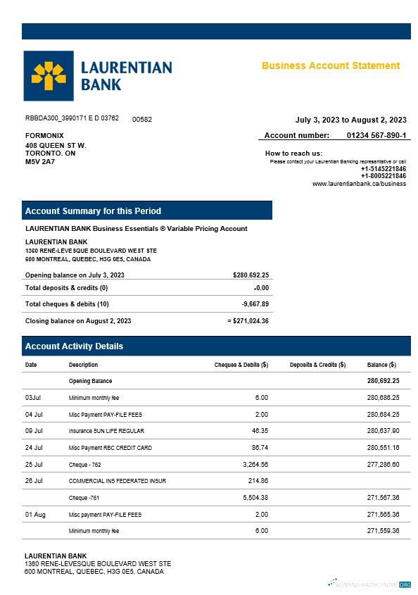 Download Laurentian Bank enterprise account statement Word and PDF template Photoshop template
